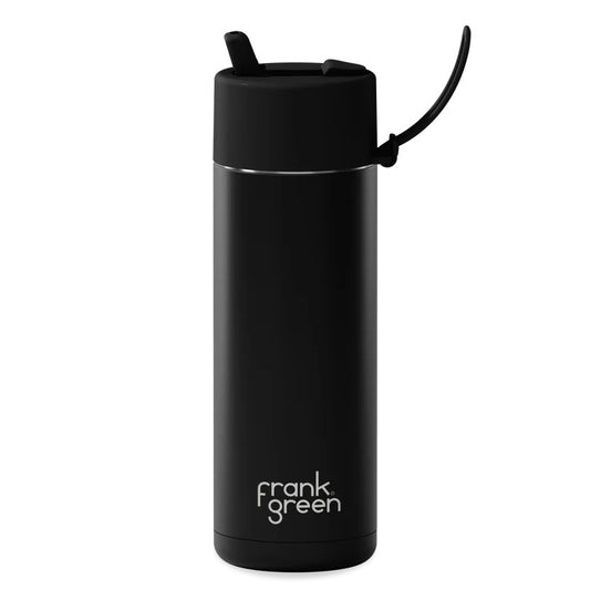 Black reusable water bottle with Frank Green logo on a white background

