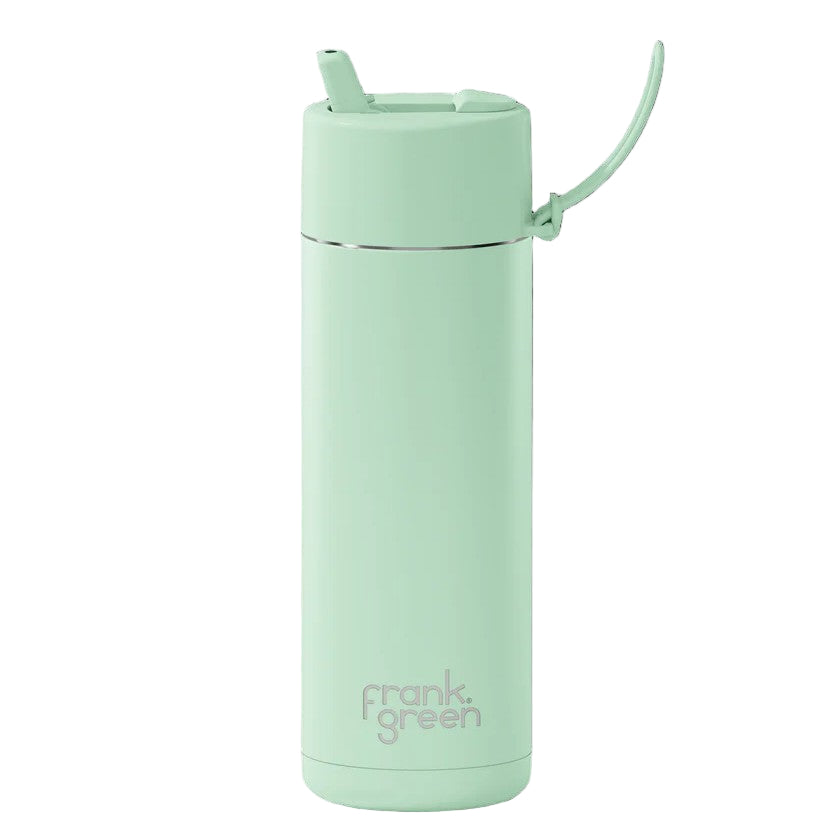 Mint green Frank Green reusable water bottle with a straw on a white background
