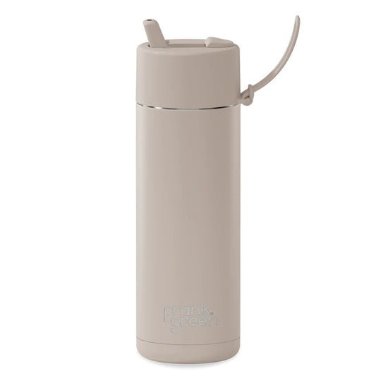Beige reusable Frank Green water bottle with straw lid on a white background