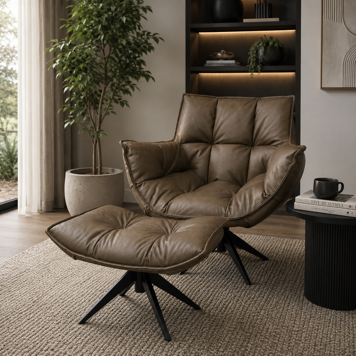 Memphis Swivel Armchair & Footstool Brown Leather