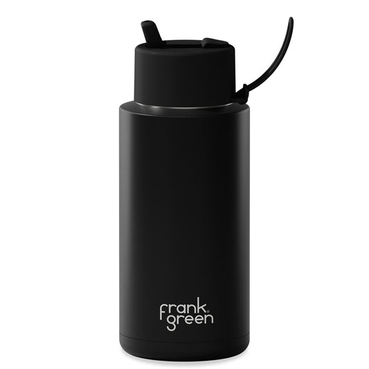 Black water bottle with Frank Green logo on a white background
