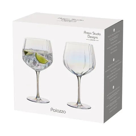 Two wine glasses with a lime wedge in a box labeled 'Palazzo' by Anton Studio Designs.