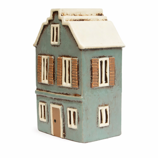 Ceramic house-shaped lantern with a textured surface