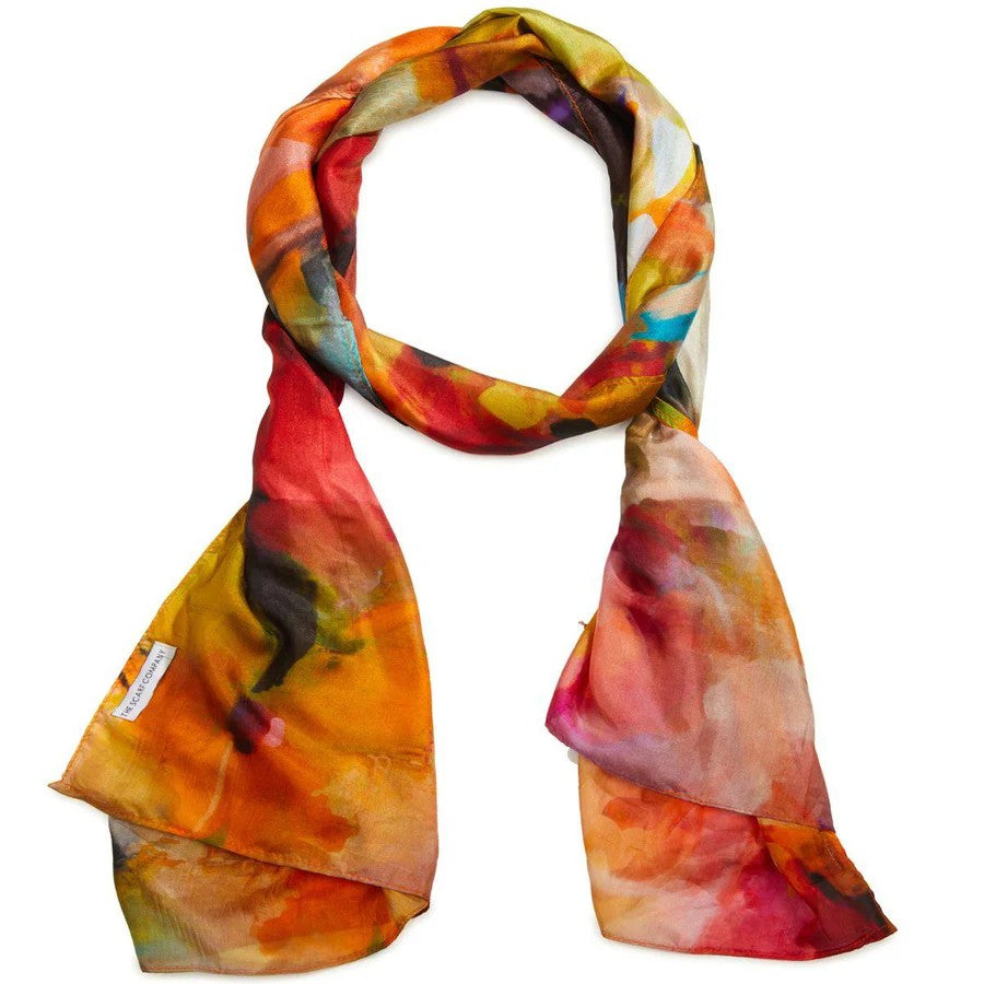A vibrant, multicolored silk scarf