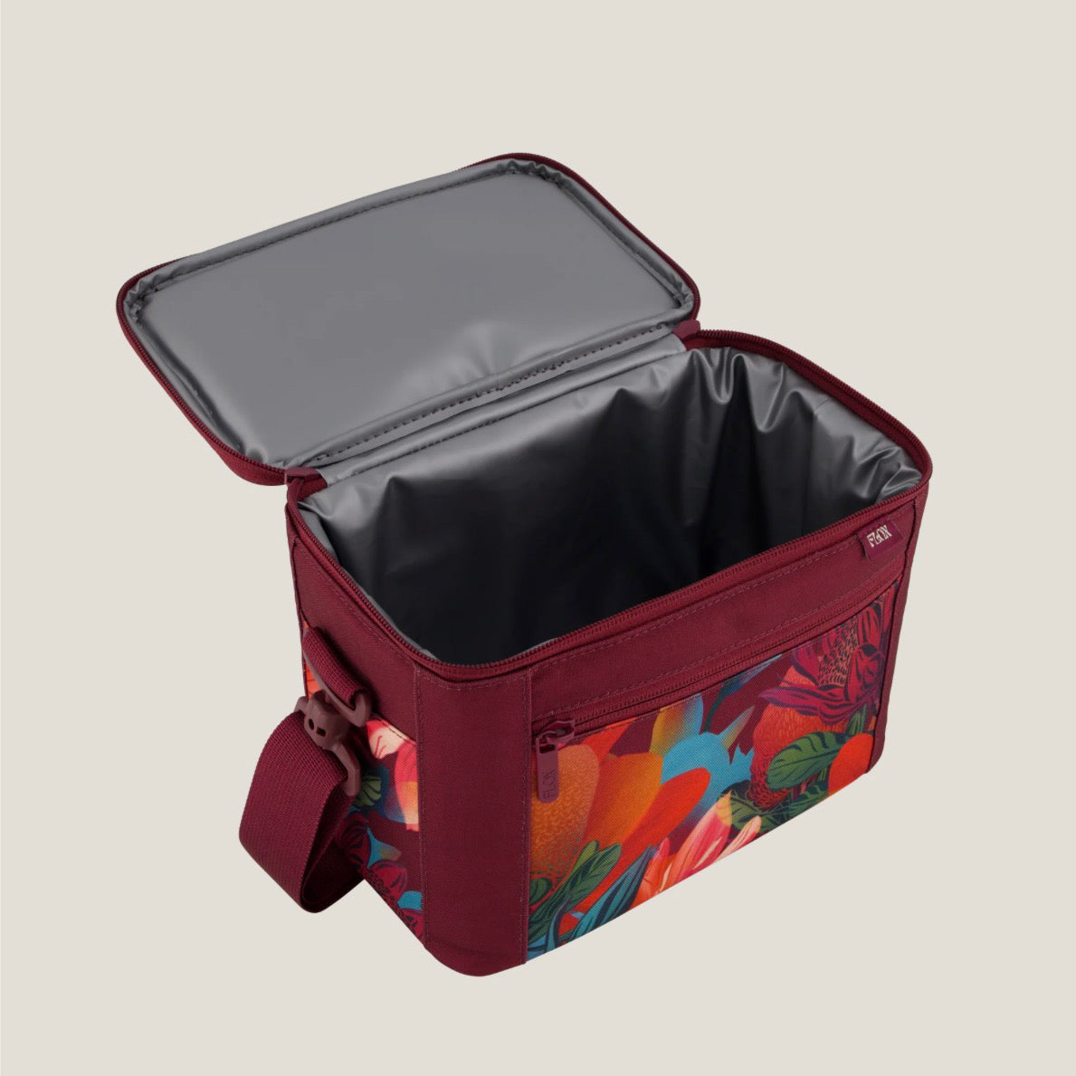 Red insulated cooler bag with floral pattern
