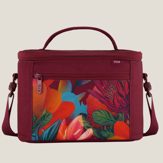 Floral-patterned cooler bag with a red border 