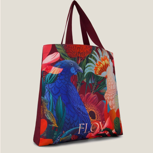 Colorful tote bag with floral and bird design 