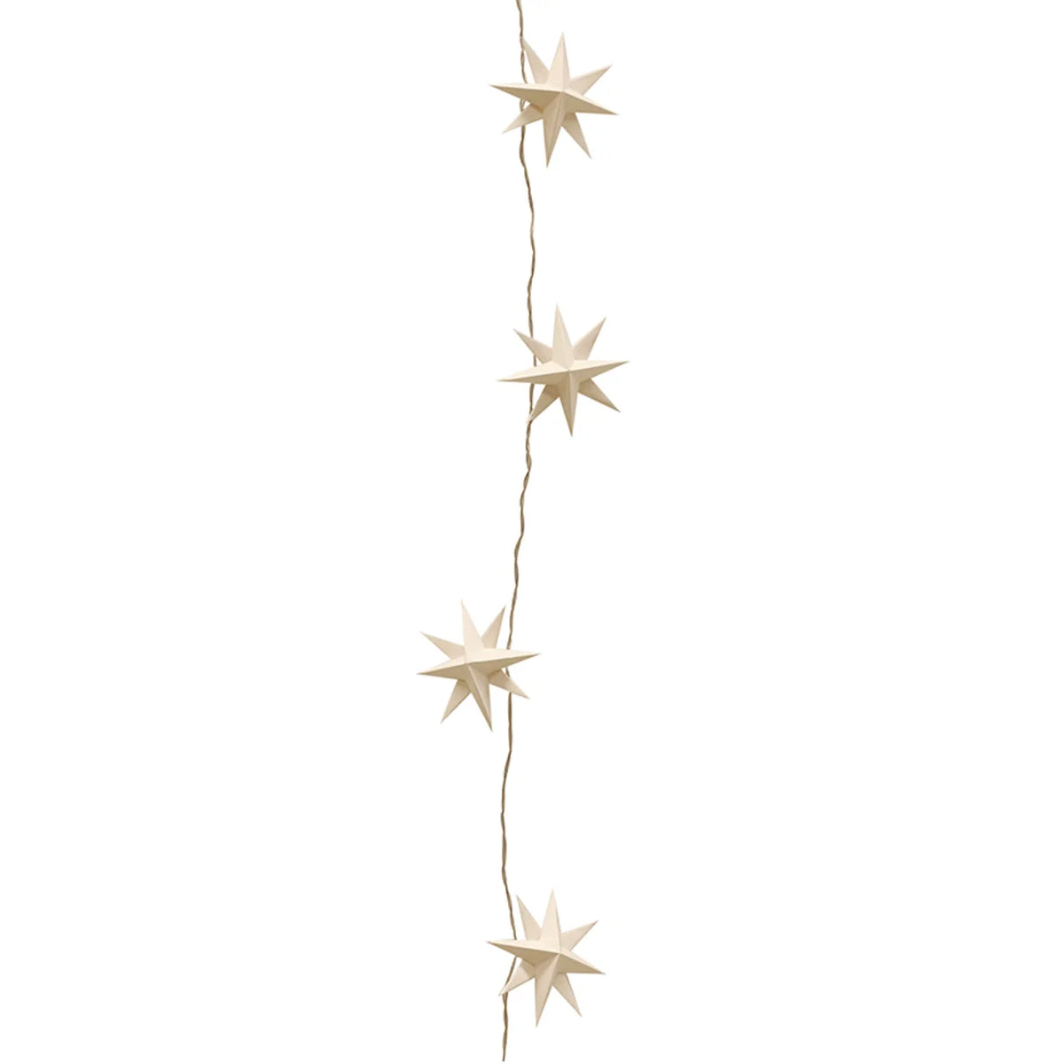 A string of unlit cream-colored paper star-shaped Christmas lights hanging vertically 