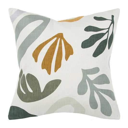 A square throw pillow with a textured off-white linen background, featuring a modern botanical pattern of abstract leaves and petals in muted sage green, olive green, and mustard yellow.