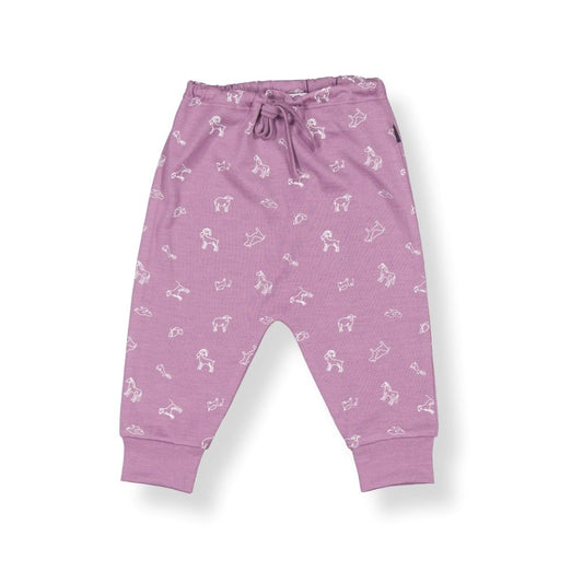 A pair of mauve-colored baby pants with an animal pattern and a drawstring waist.