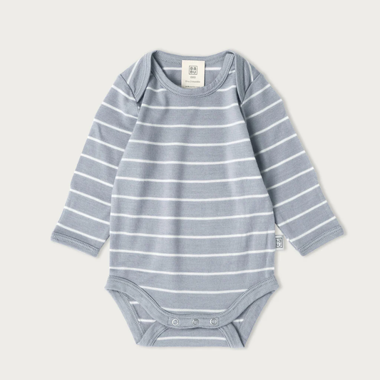 A baby long-sleeve bodysuit with thin white horizontal stripes 