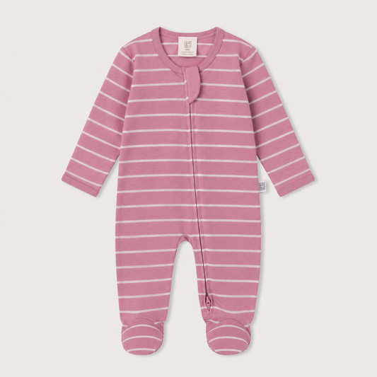 Pink and white striped merino baby onesie