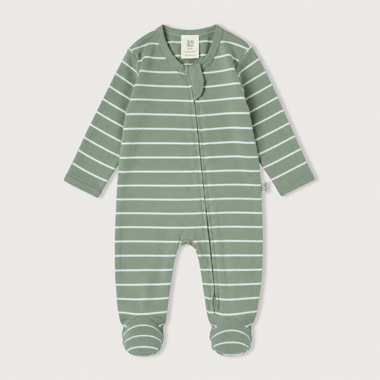 Green and white striped baby onesie 