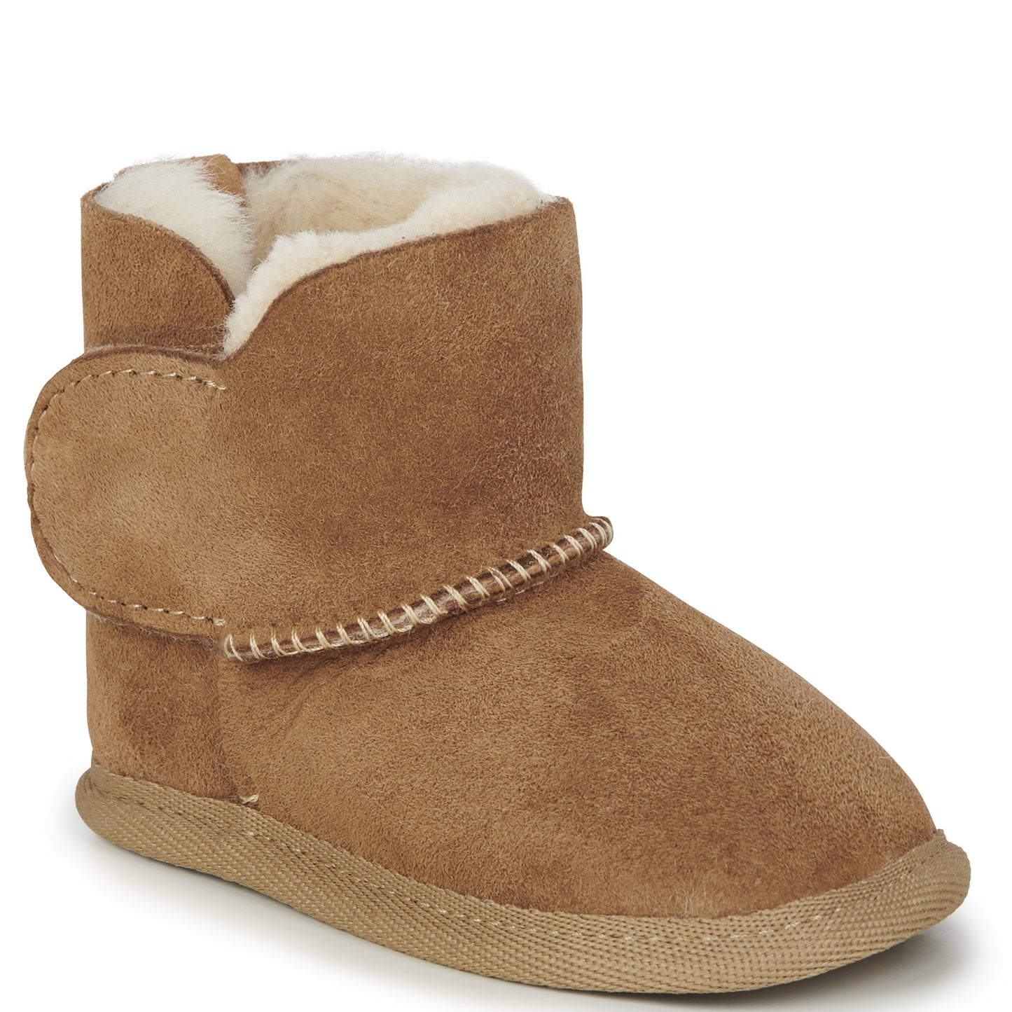 A single tan suede ankle boot with a soft white shearling lining and a braided decorative strap detail, shown on a plain white background.