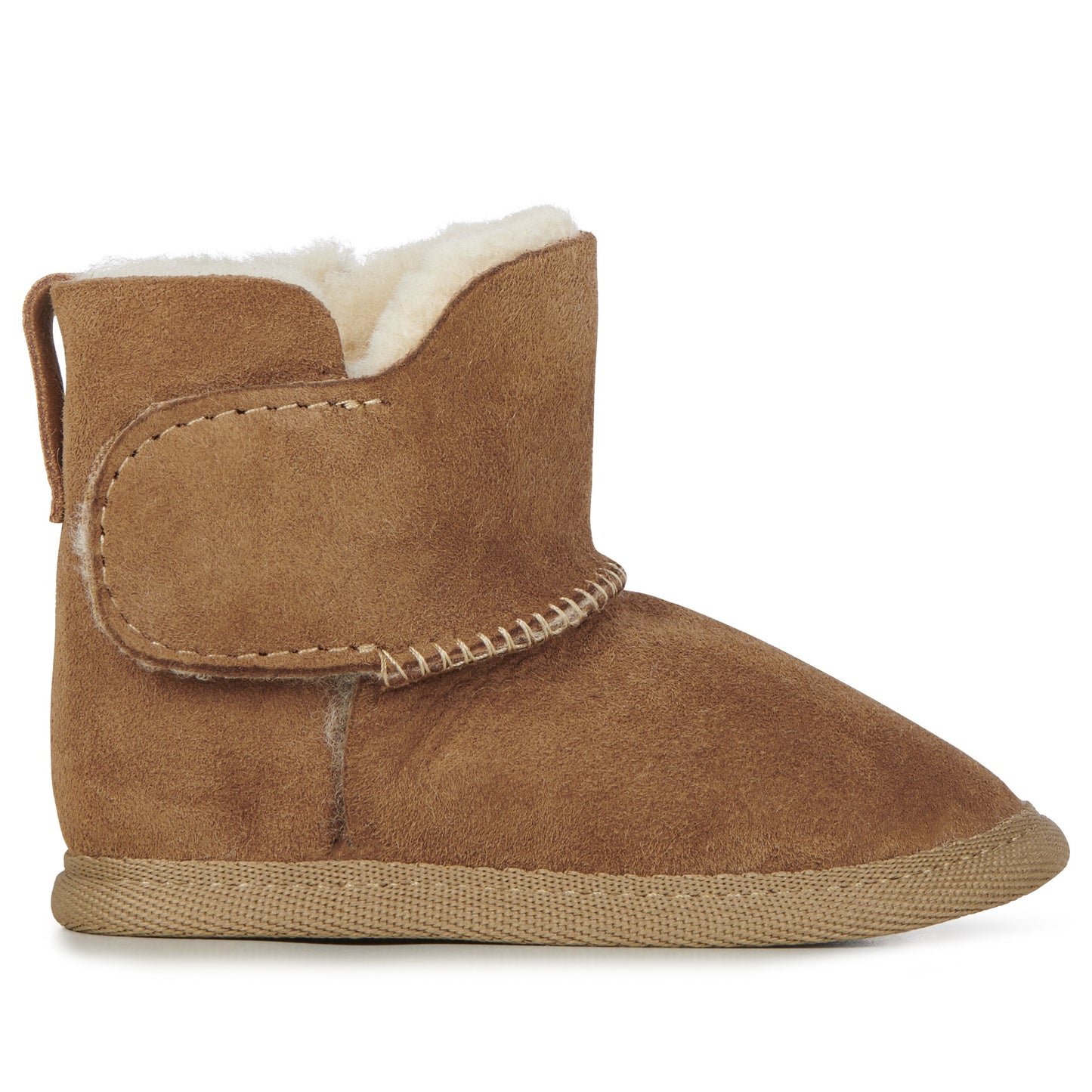 A single brown suede ankle boot with a soft white shearling lining, shown from a side profile on a white background.