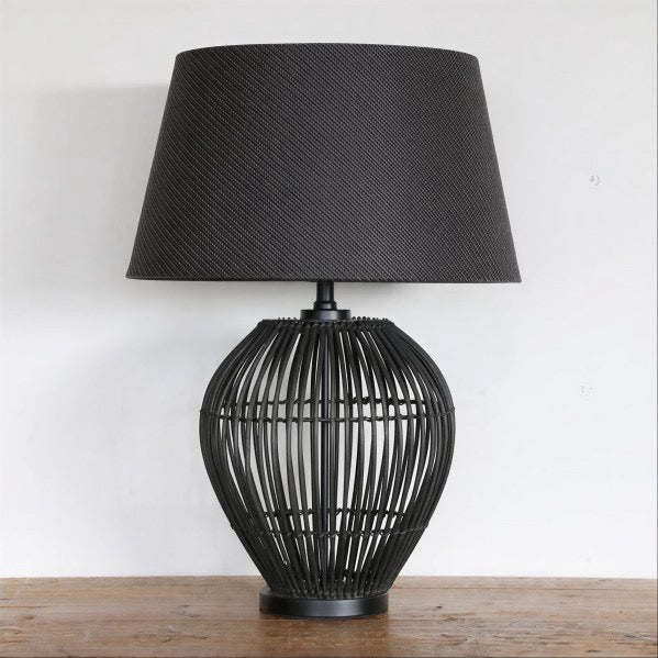 Black woven table lamp with a black shade