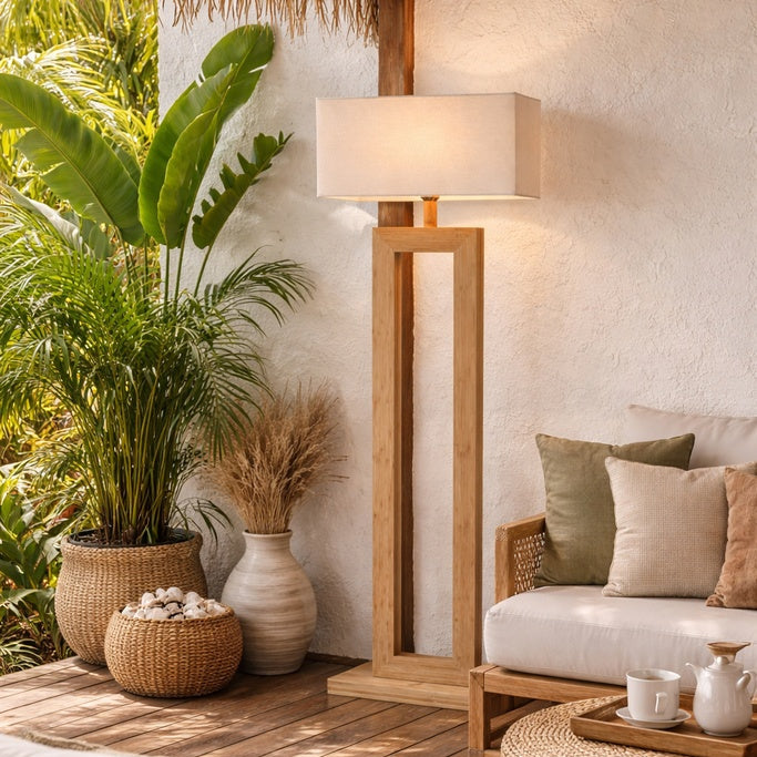 Floor lamp in a wooden natural colour way 