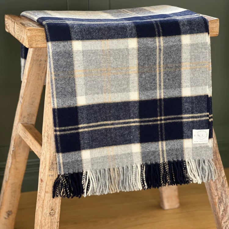Plaid blanket draped over a wooden stool against a green wall.