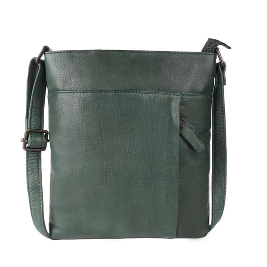 Green leather crossbody bag on a white background