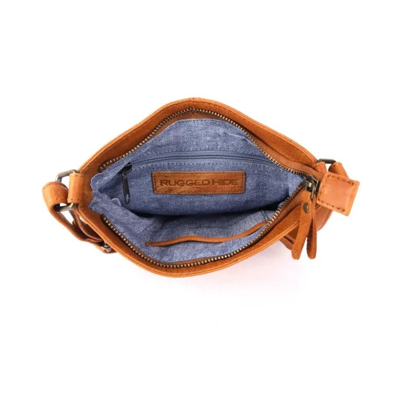 Brown leather crossbody bag with 'Rugged Hide' branding 