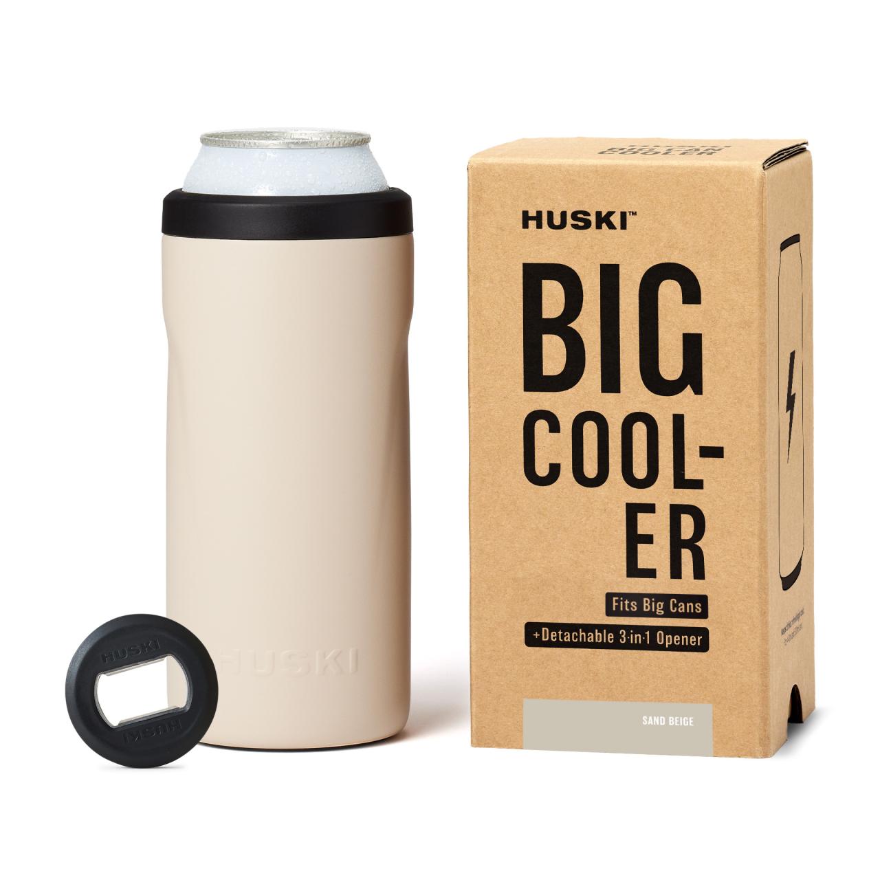 Beige can cooler with black lid, bottle opener, 