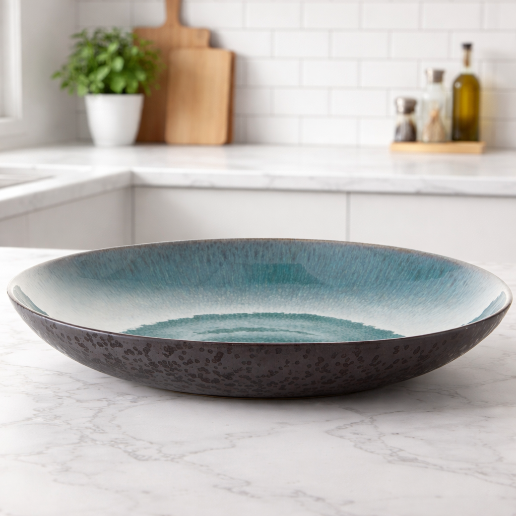 Blue ceramic bowl on a marble countertop in a kitchen setting