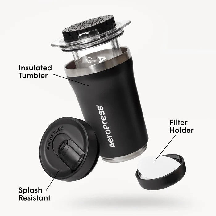 Aeropress coffee maker with labeled parts on a white background