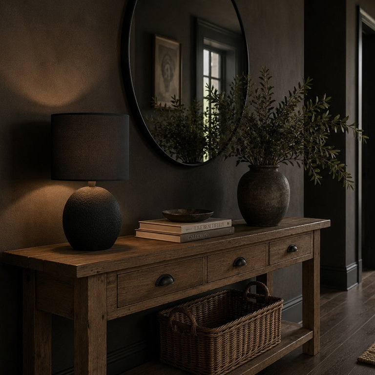 Entrance way with dark mood lighting and black lamp and light shade 