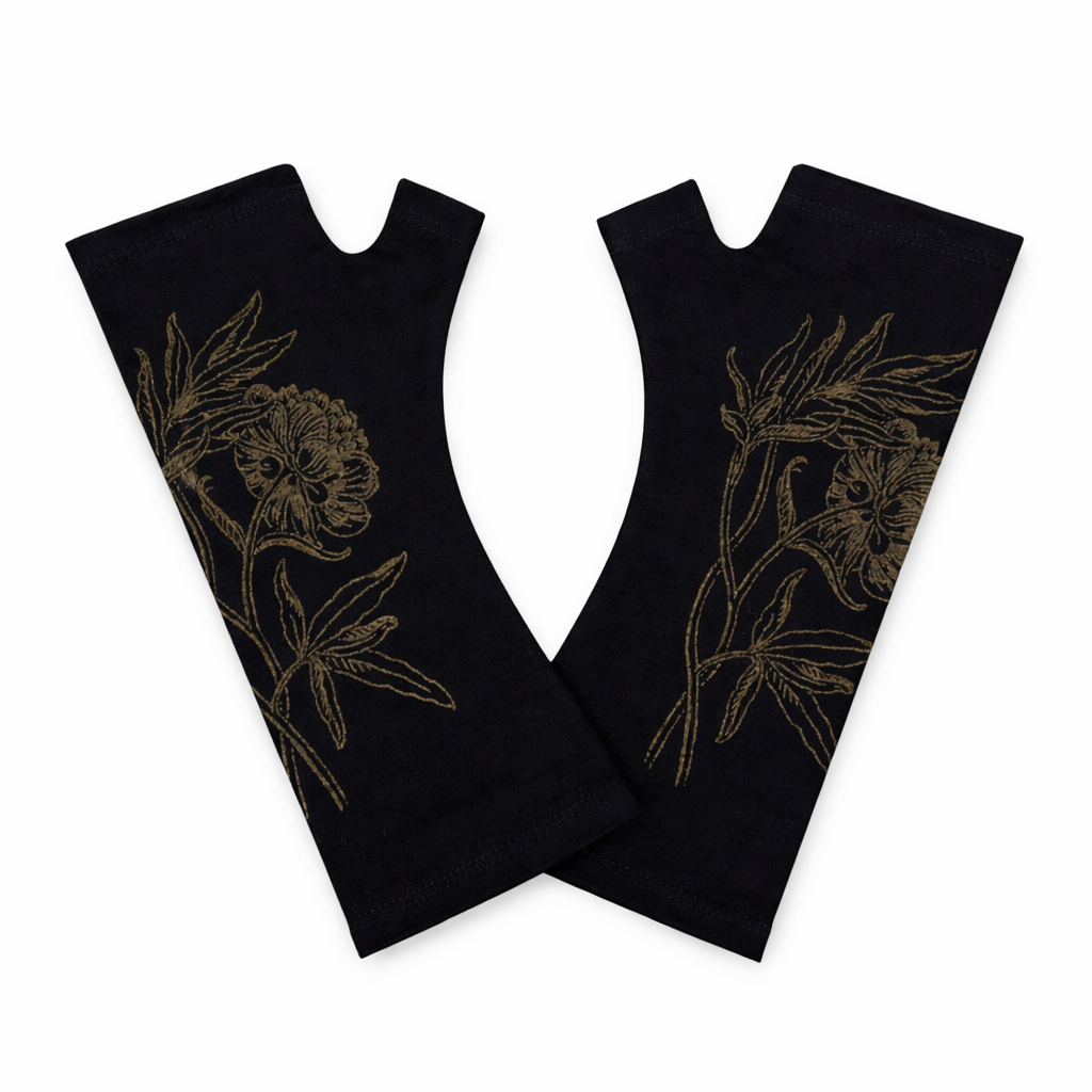 Black fingerless gloves with gold floral designs 