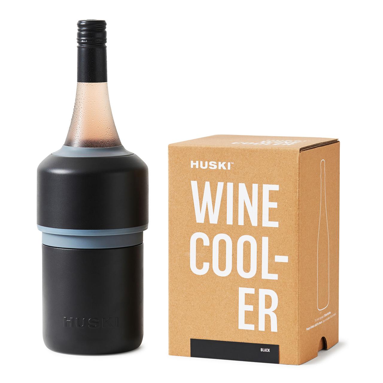 A Huski Wine Cooler in black color, shown alongside its packaging box labeled 'WINE COOLER'.