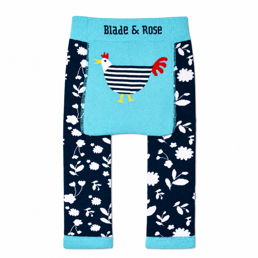 Toddler leggings with a dark navy floral print, a bright blue waistband with 'Blade & Rose' text, and a large applique chicken pocket on the front.