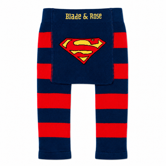Toddler knit pants with navy blue and red horizontal stripes, featuring a large red and yellow Superman logo patch on the front and 'Blade & Rose' embroidered in yellow on the waistband.