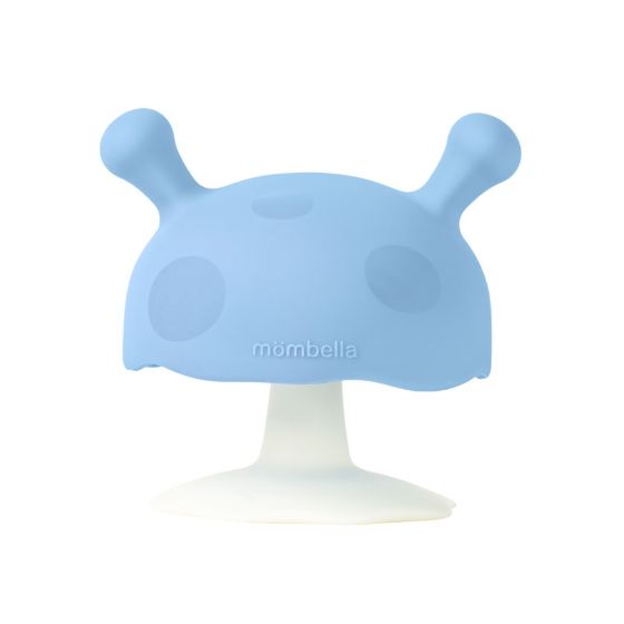 A green silicone teether in a mushroom shape designed for babies.