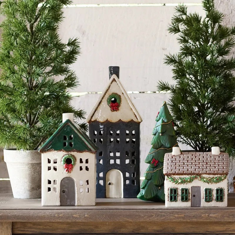 Christmas Tea Light House Blue with Wreath Large by French Country Collections