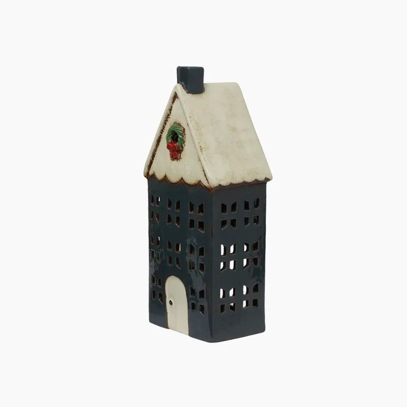 Christmas Tea Light House Blue with Wreath Large by French Country Collections