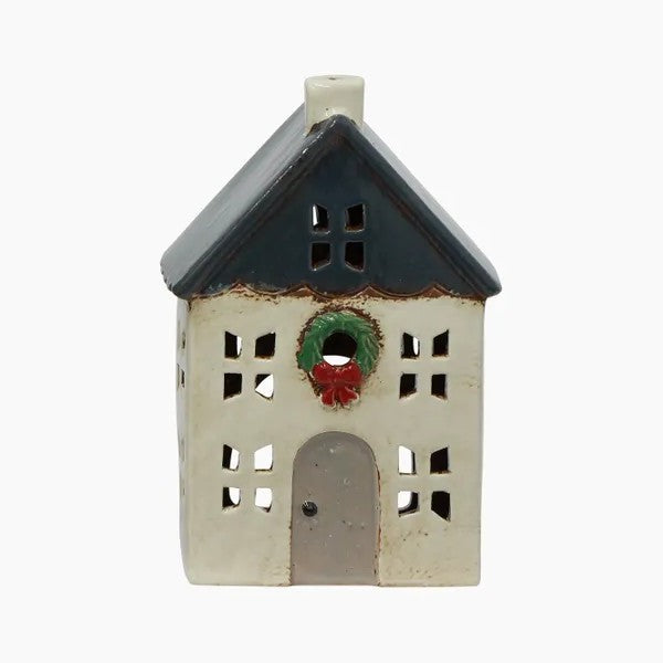 Christmas Tea Light House Blue with Wreath Small