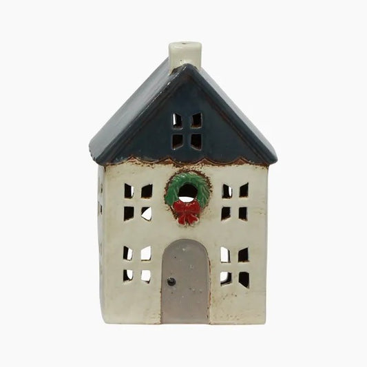 Christmas Tea Light House Blue with Wreath Small