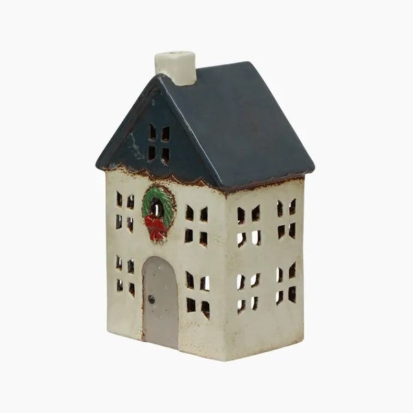 Christmas Tea Light House Blue with Wreath Small