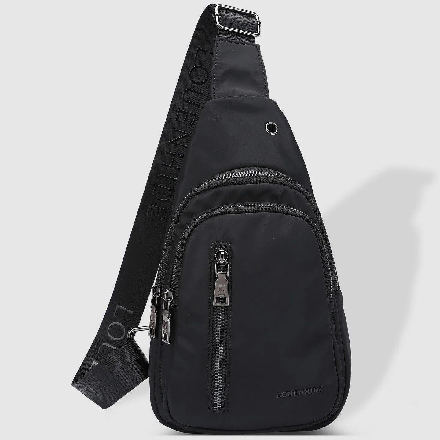 A black nylon sling bag with an adjustable strap, featuring multiple zippered compartments and the brand name 'LOUENHIDE' on the front.