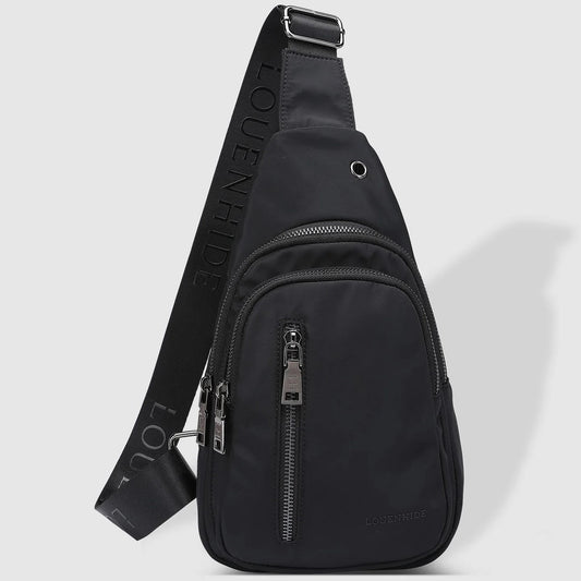 A black nylon sling bag with an adjustable strap, featuring multiple zippered compartments and the brand name 'LOUENHIDE' on the front.