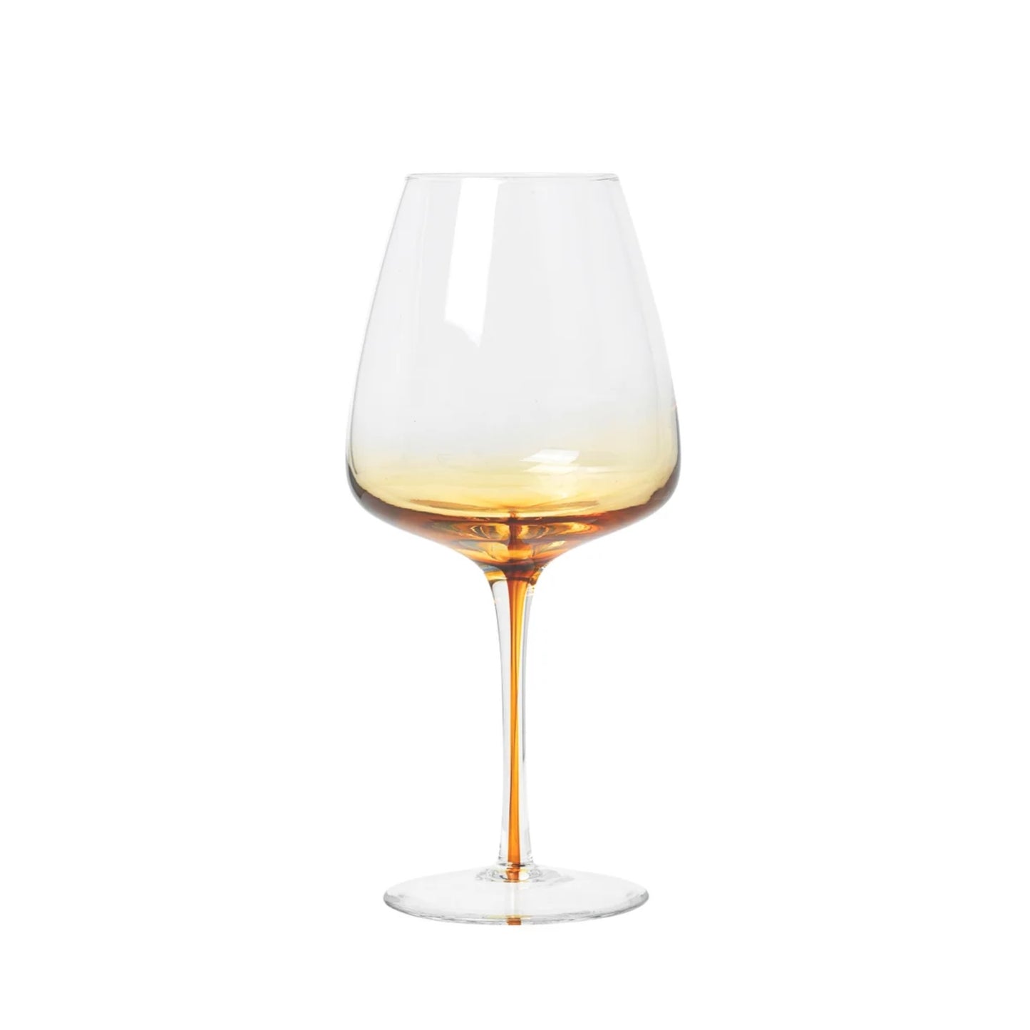 A a set of 4 clear wine glass with amber-colored rim and stem,
