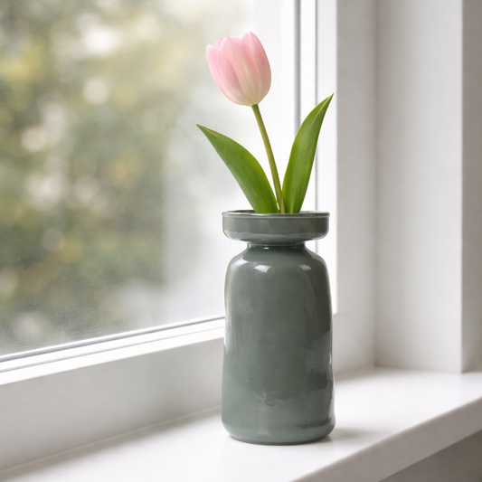 Dark GREEN vase with a pink tulip on a windowsill