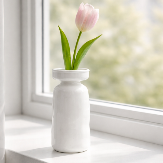 White vase with a pink tulip on a windowsill