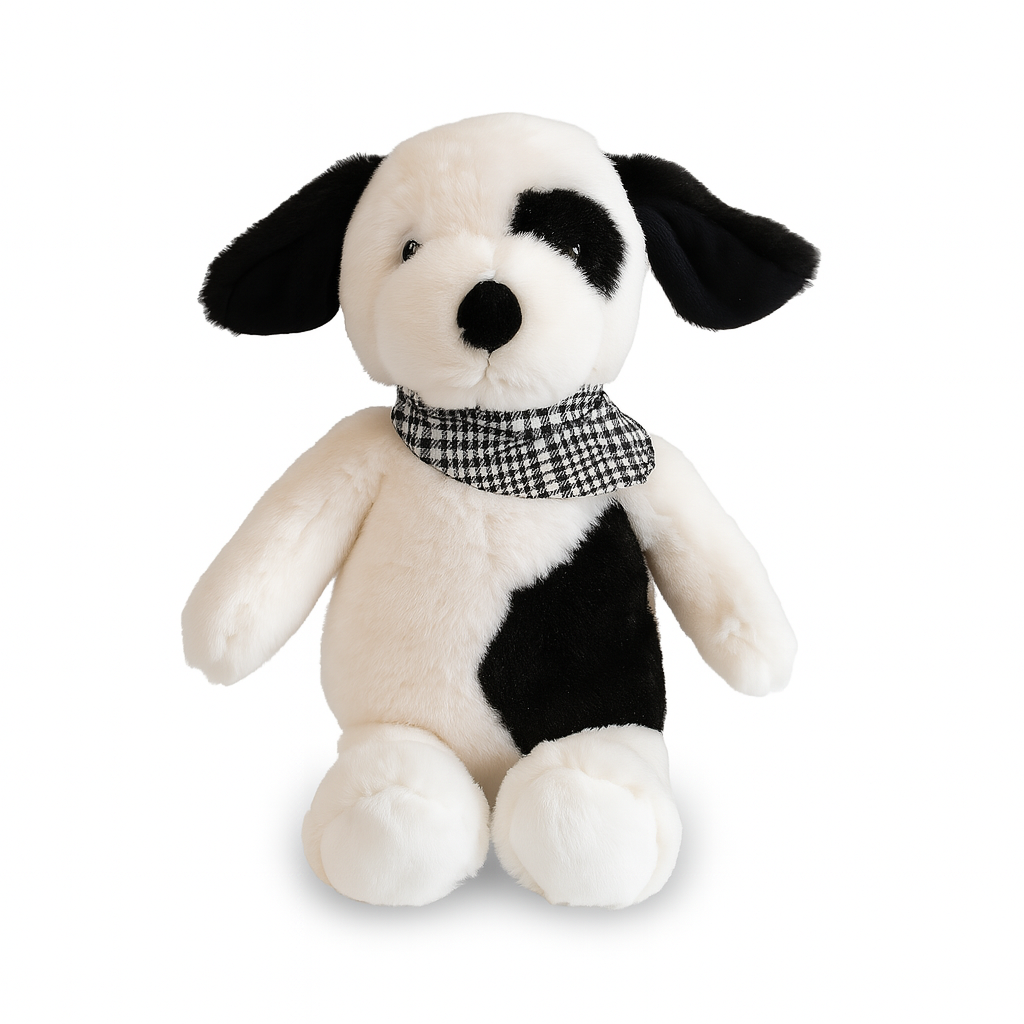 Stuffed dog toy with black and white pattern and a checkered collar 