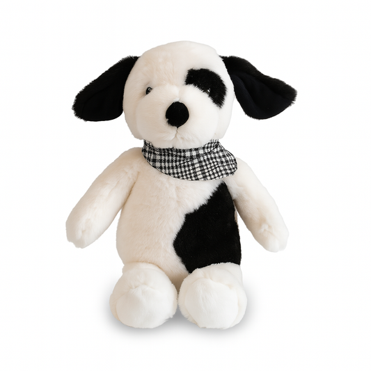 Stuffed dog toy with black and white pattern and a checkered collar 