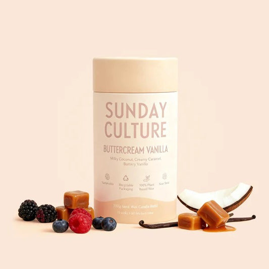 Beige Container of Sand Wax with Vanilla and Caramels and Berrys