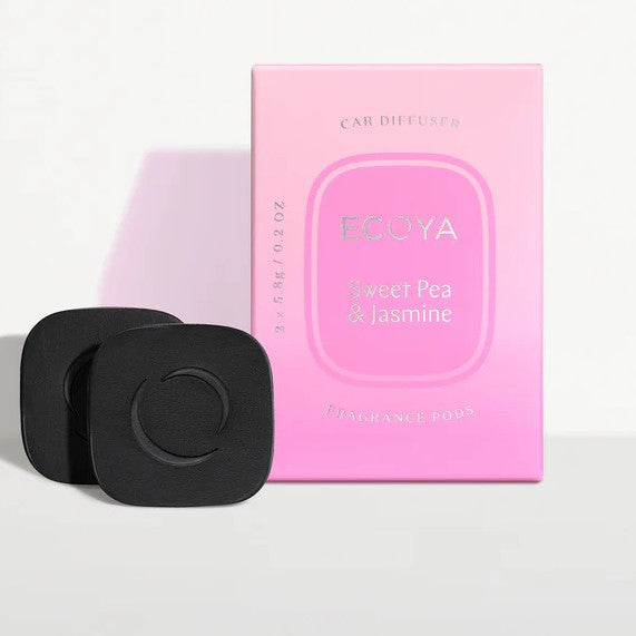 Ecoya car diffuser pod packaging with pink branding and a black diffuser pod