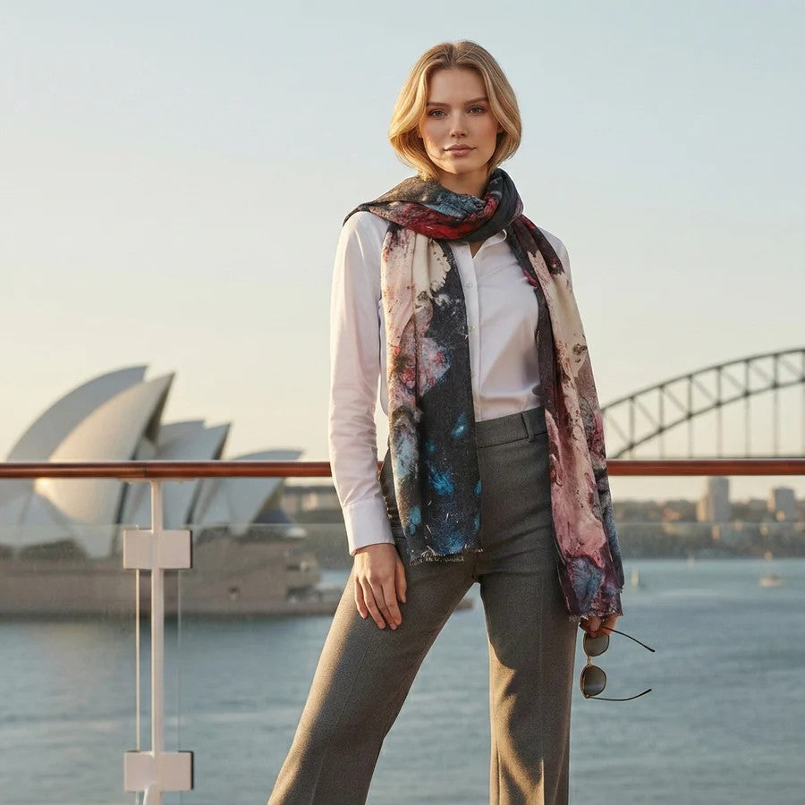 Woman wearing a colorful Merino scarf with a scenic background of the Sydney Opera House and Harbour Bridge.