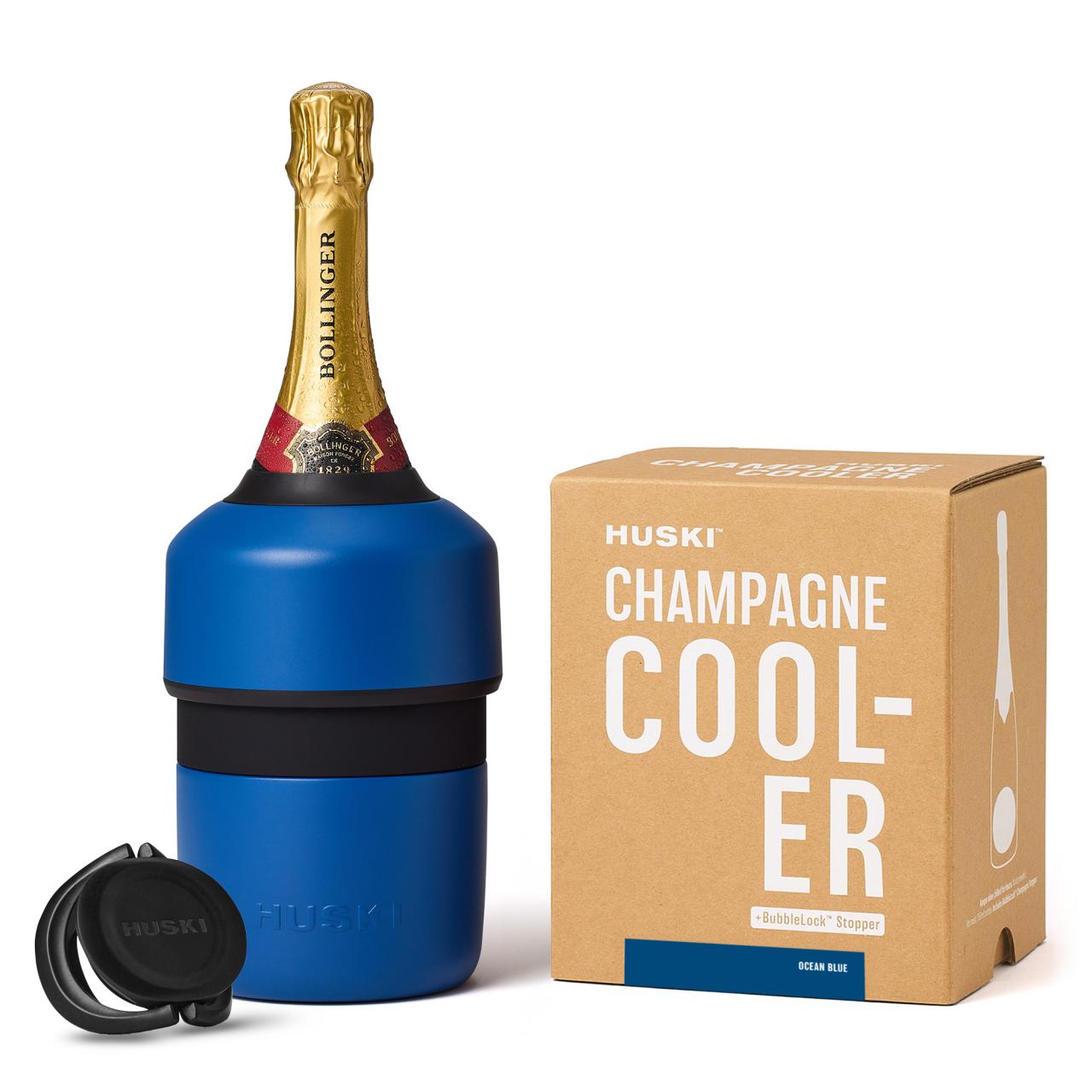 Blue champagne cooler with a bottle 