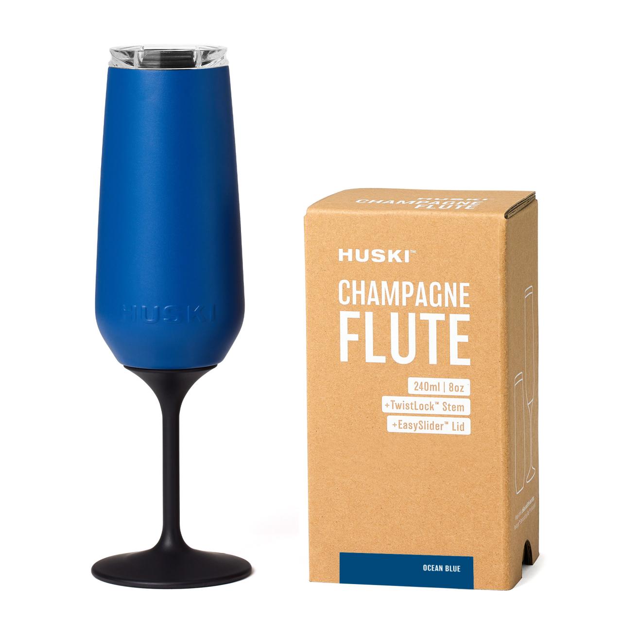 Blue champagne flute with black stem